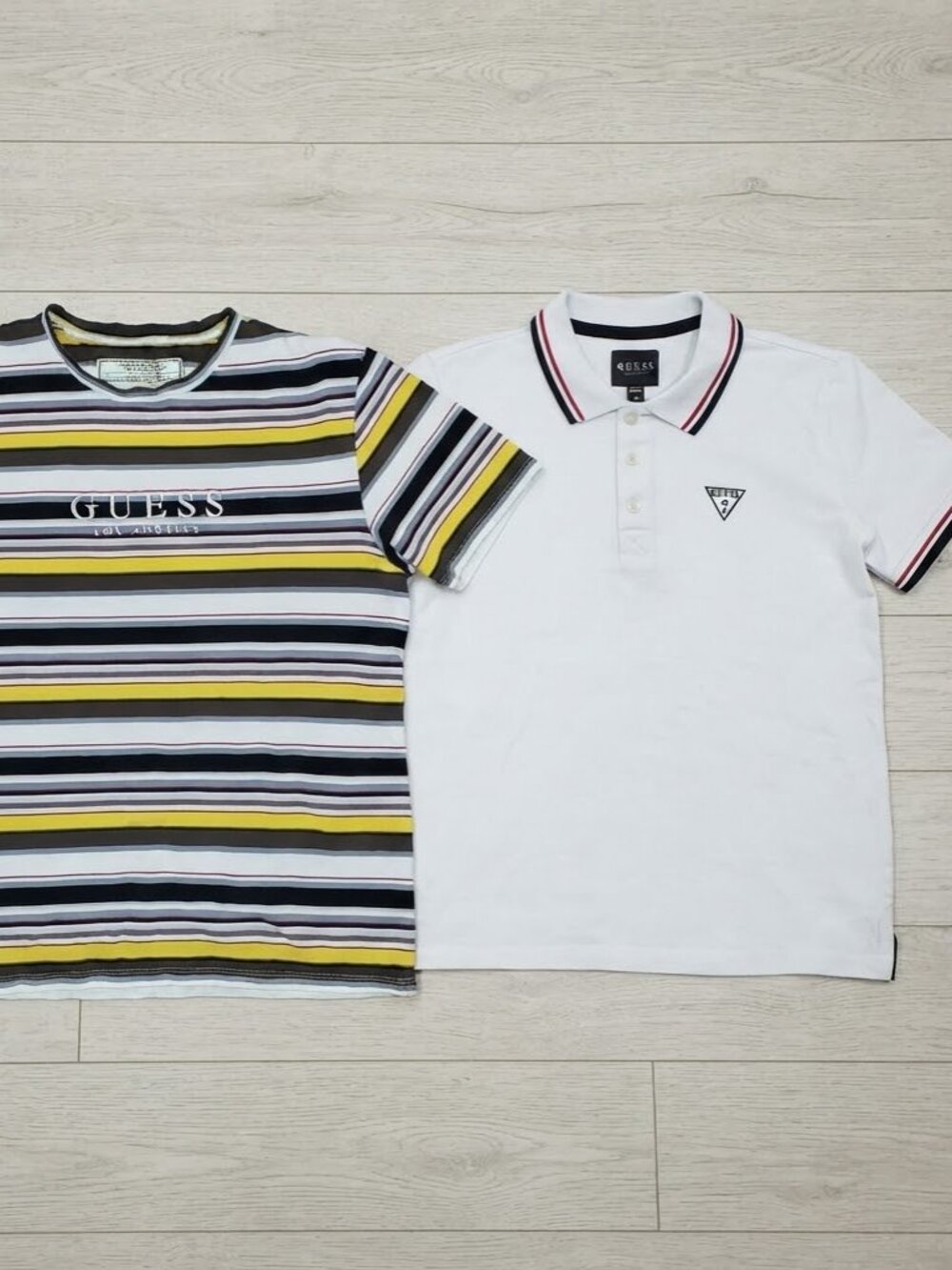 GUESS Men's Size Medium shirts bundle: NWT White polo + Colorful Striped tee